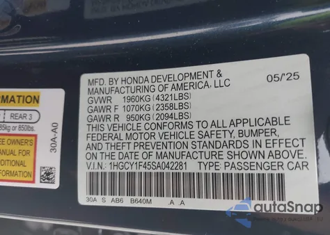 2025 Honda Accord Se из США, поврежденный, VIN 1HGCY1F45SA042281